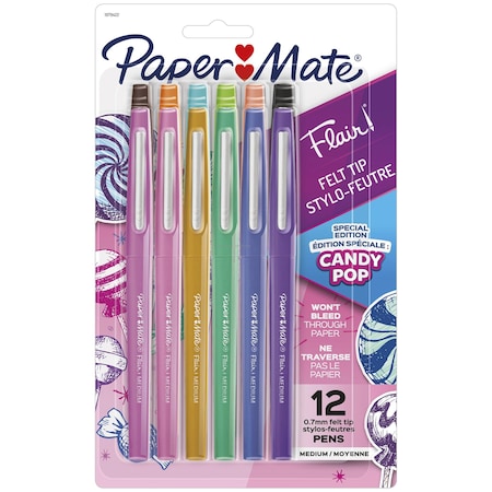 Paper Mate Flair Felt Tip Pens, Medium Point, Candy Pop Pack, 12PK 1979422